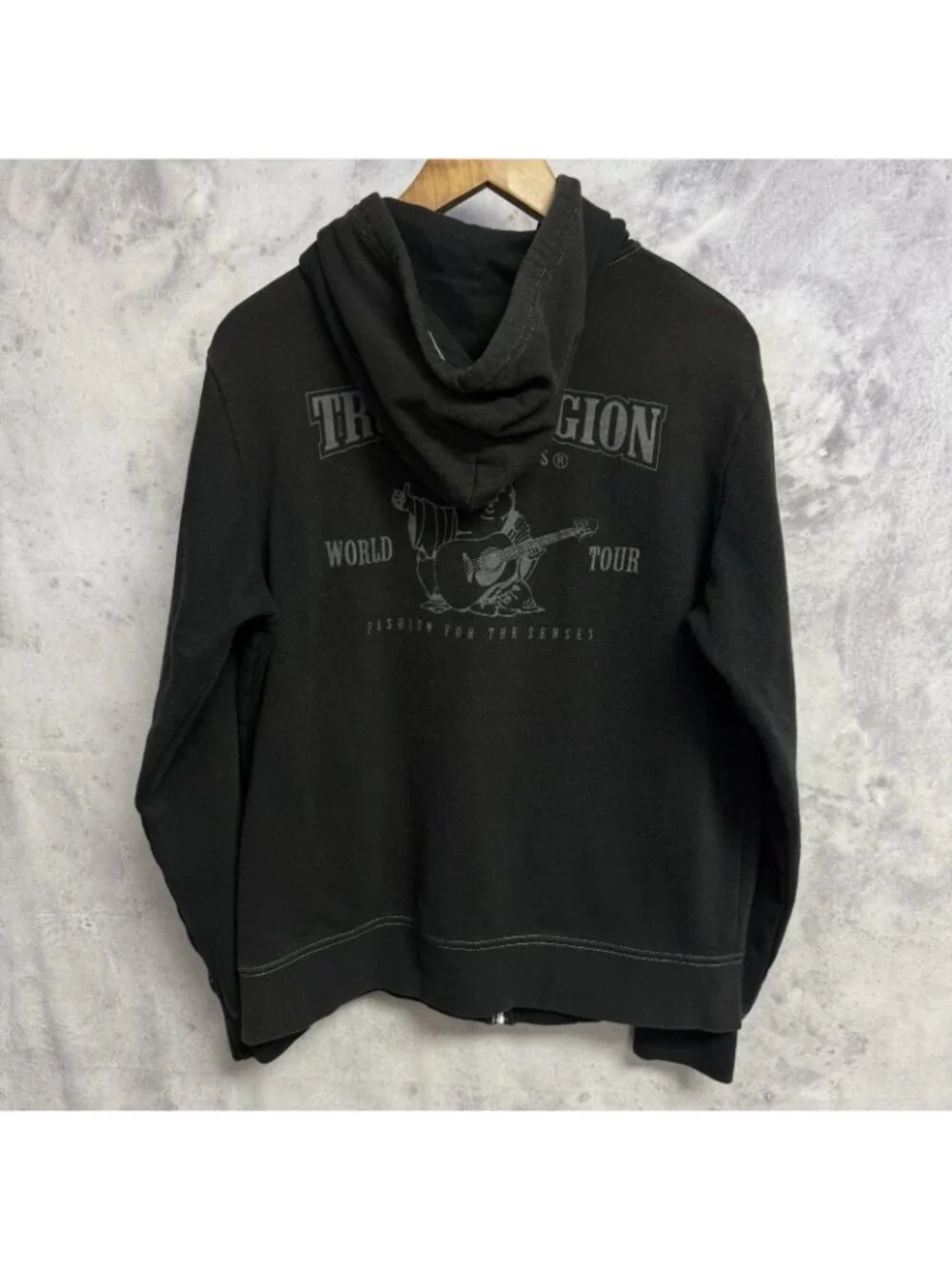 True Religion Black Zip Hoodie with Cream Drawcords